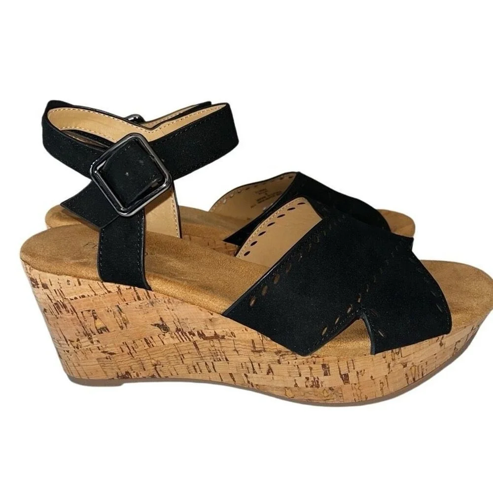 Pesaro Elle Black Faux Suede Cork Wedge‎ Sandals Perforated Strappy Size 8